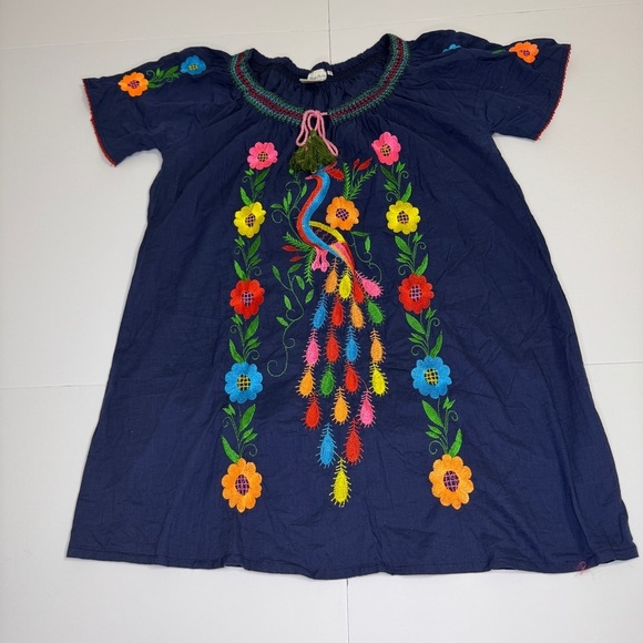 Royal Moda Embroidered Mexican Peasant Tunic Dress Navy Boho Floral Bird Sz L - Picture 4 of 8